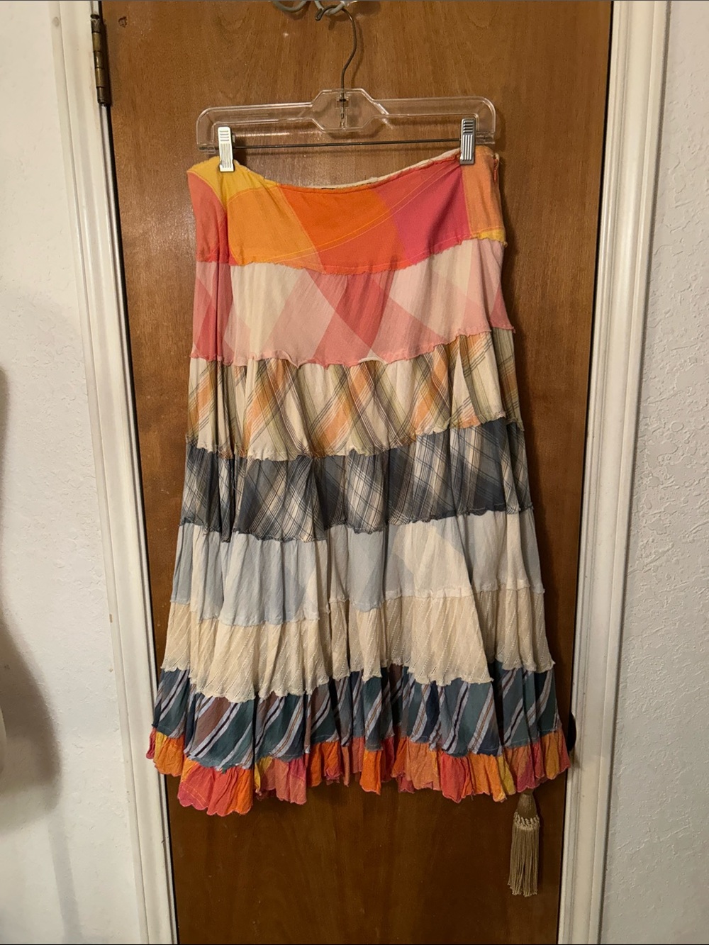 Beautiful Women's Tiered Patchwork Skirt in Coral, Yellow & Blue. 12